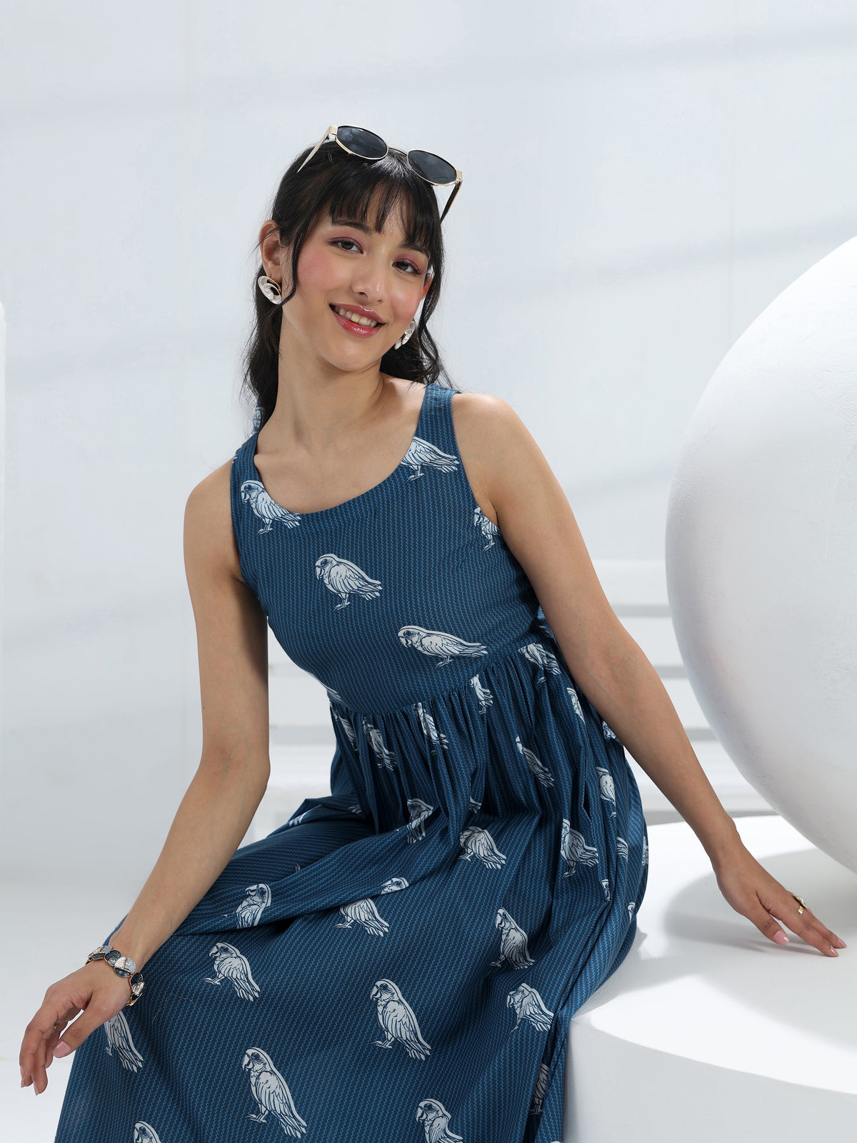 Libas Blue Parrot Printed Fit-And-Flare Cotton Blend One-Piece Dress