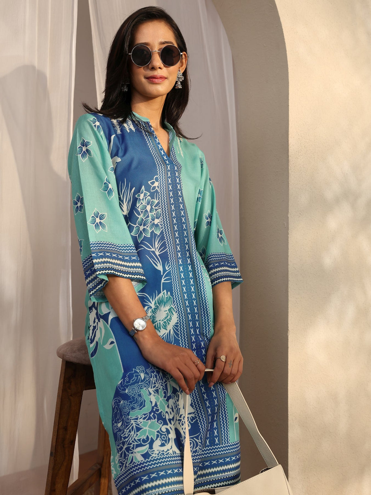 Libas Blue Printed Cotton Blend Co-Ord Sets CO87