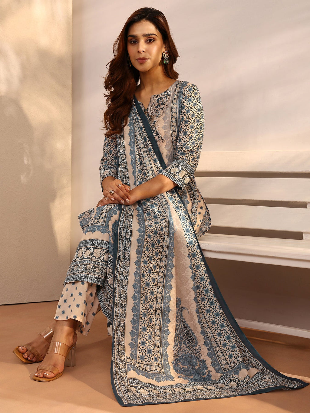 Libas Blue Printed cotton blend Straight Suit Set With Dupatta KS67