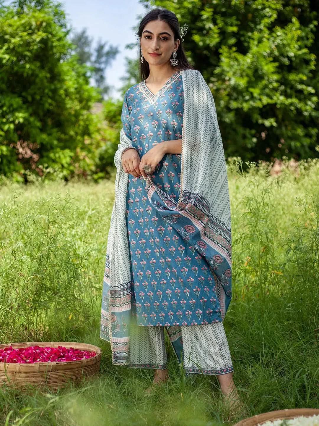 Libas Blue Printed Cotton Straight Kurta With Palazzos & Dupatta