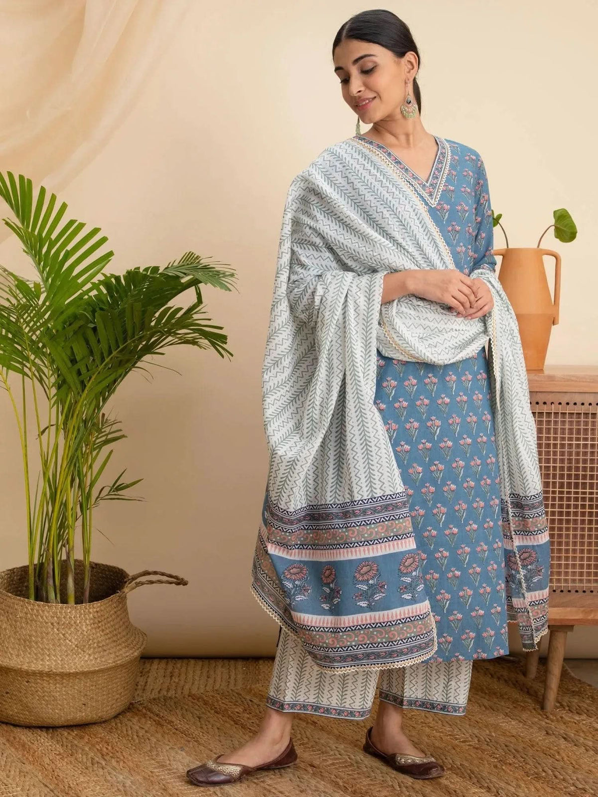Libas Blue Printed Cotton Straight Kurta With Palazzos & Dupatta