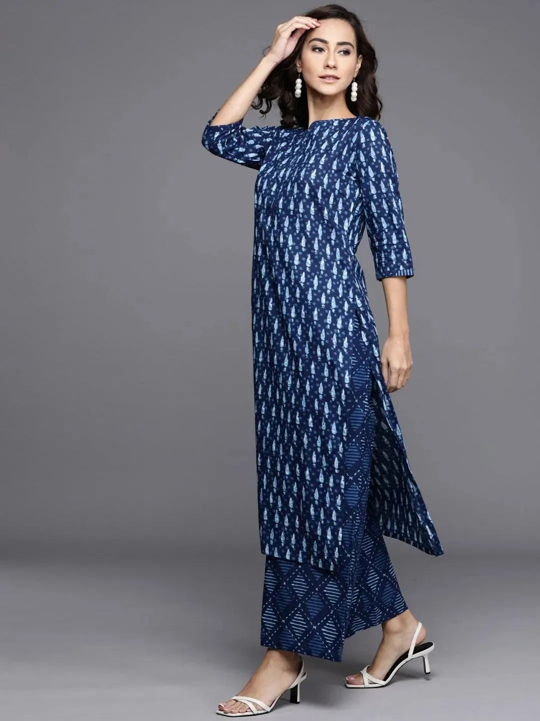 Libas Blue Printed Cotton Straight Kurta With Palazzos & Dupatta