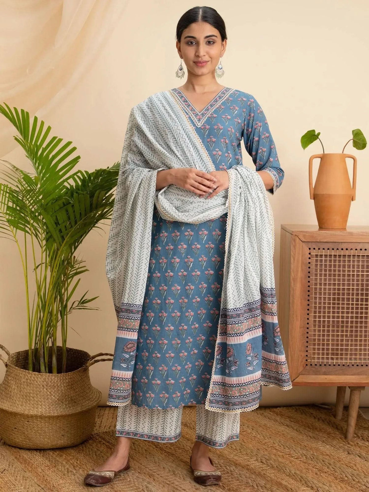 Libas Blue Printed Cotton Straight Kurta With Palazzos & Dupatta