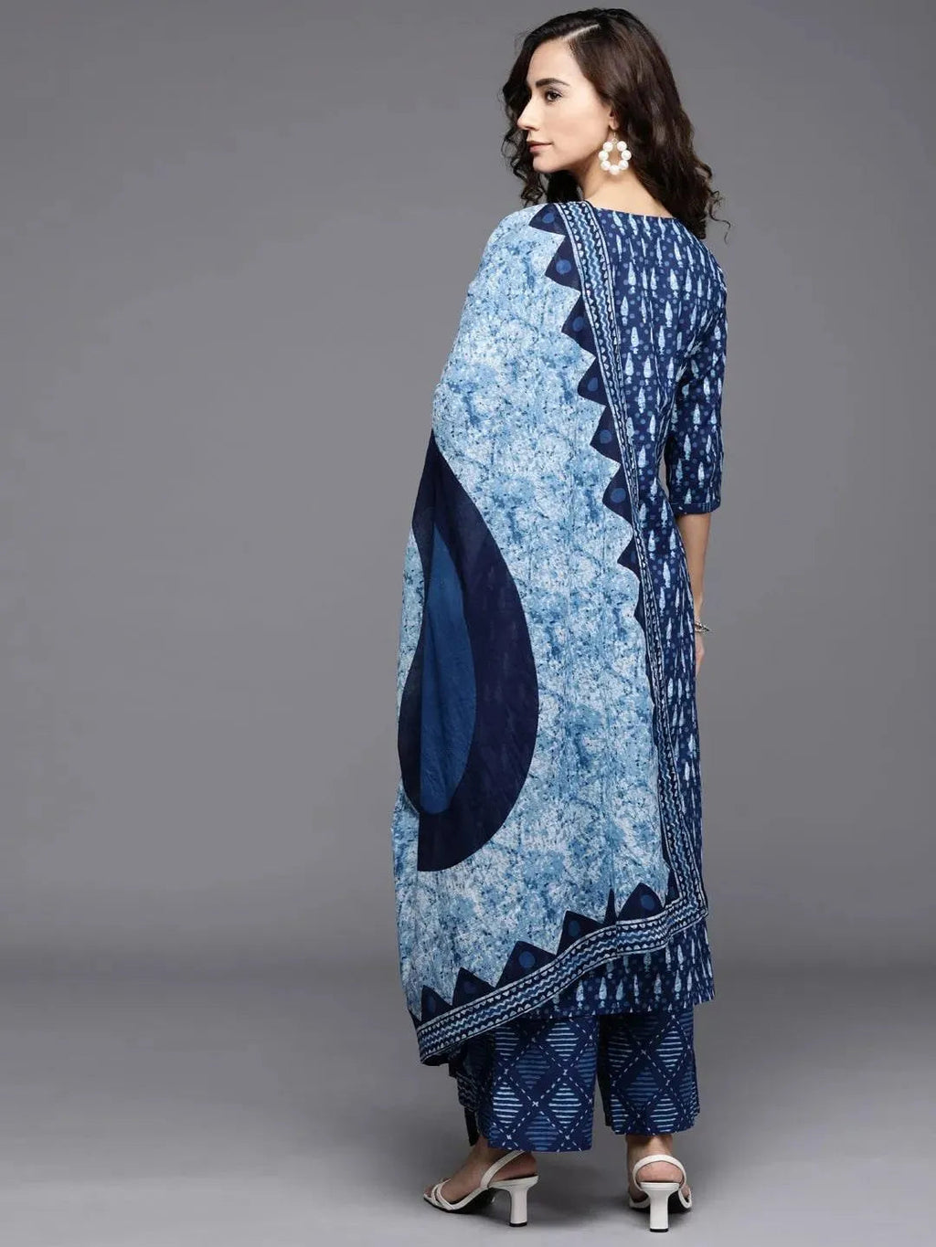 Libas Blue Printed Cotton Straight Kurta With Palazzos & Dupatta