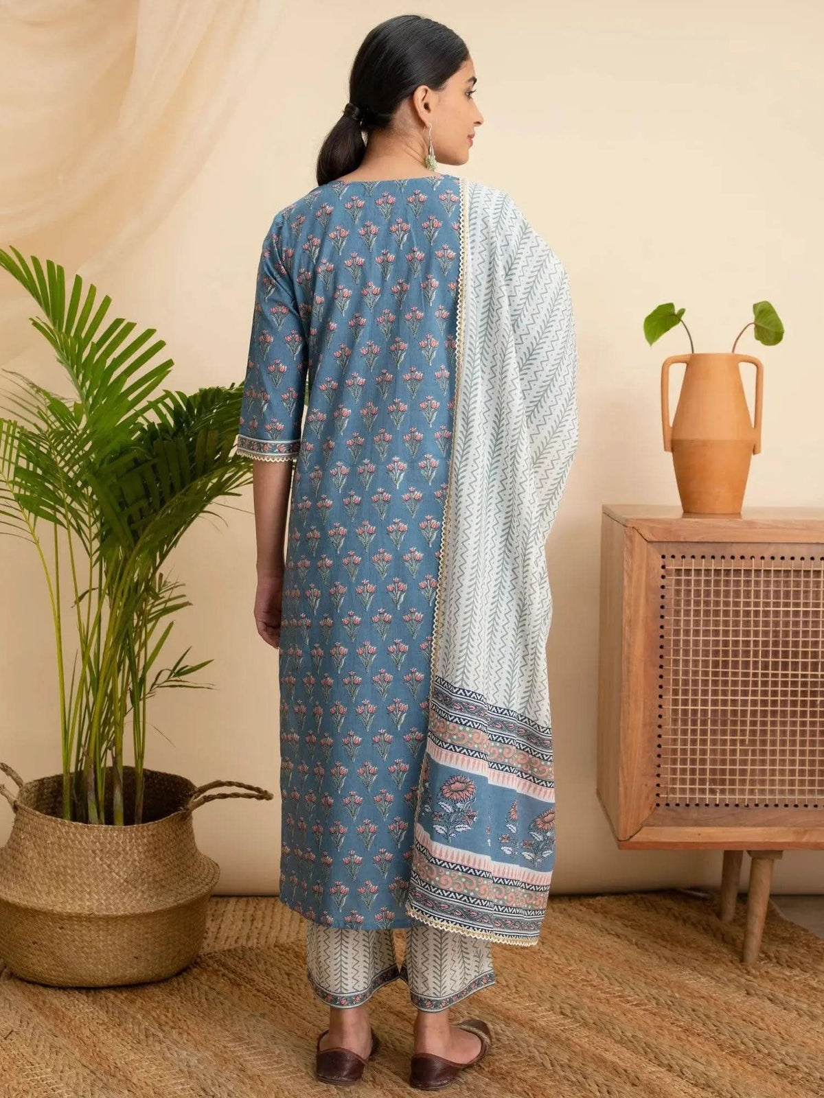 Libas Blue Printed Cotton Straight Kurta With Palazzos & Dupatta