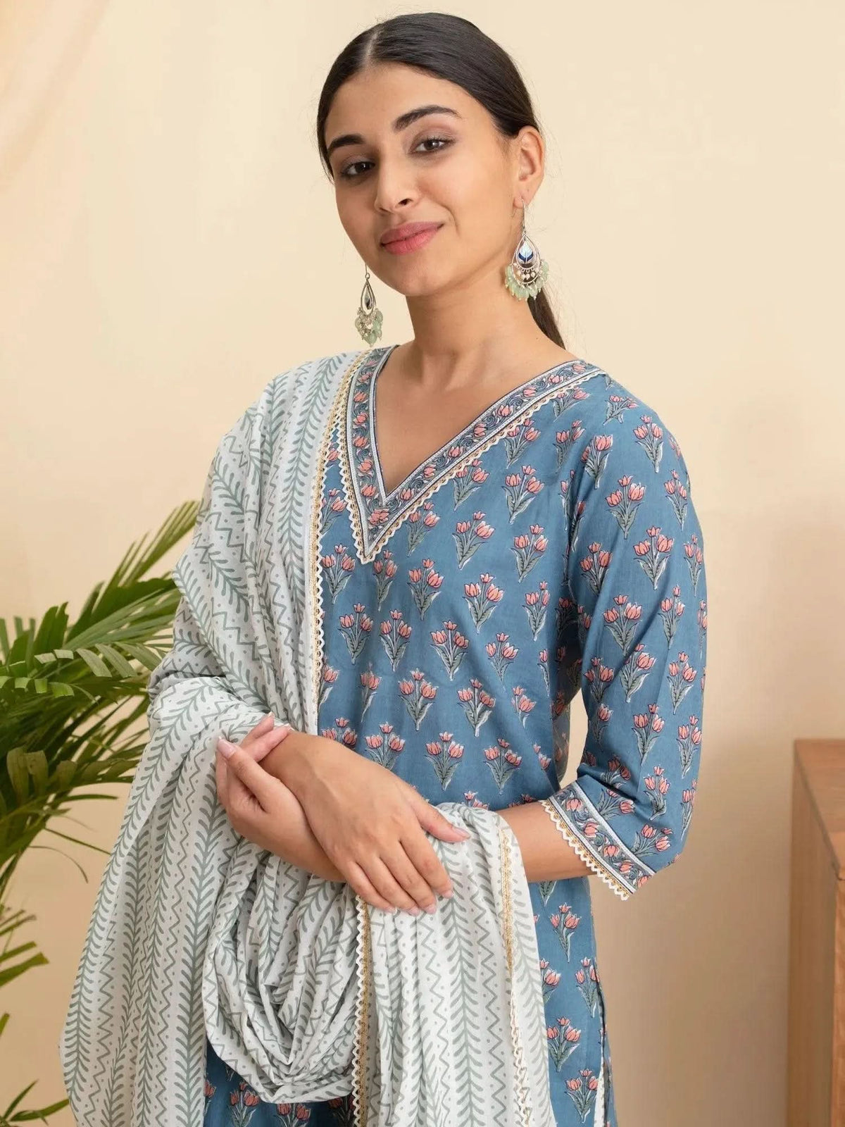 Libas Blue Printed Cotton Straight Kurta With Palazzos & Dupatta
