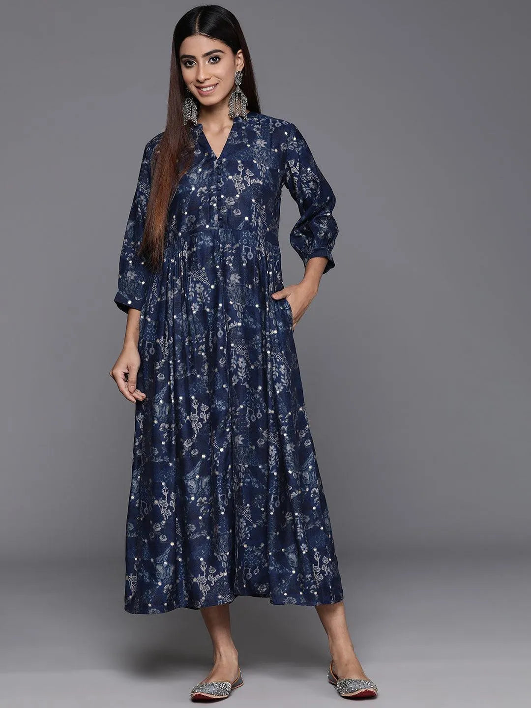 Libas Blue Printed Silk Fit and Flare Dress