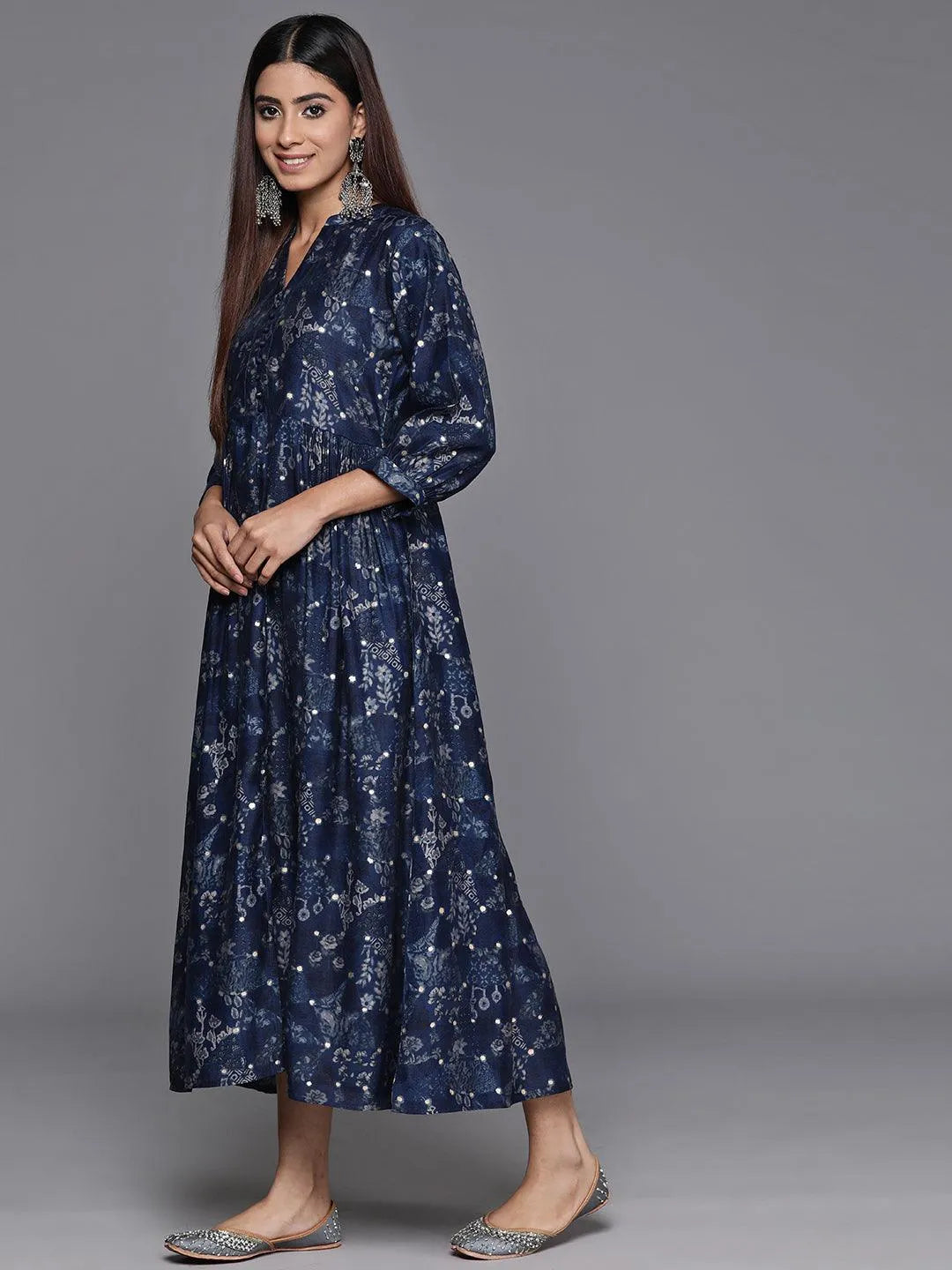 Libas Blue Printed Silk Fit and Flare Dress
