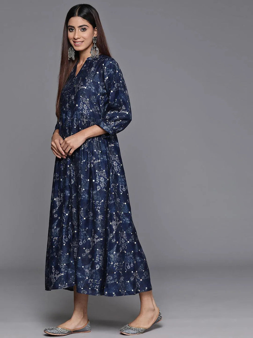 Gerua Blue Printed Silk Fit and Flare Dress