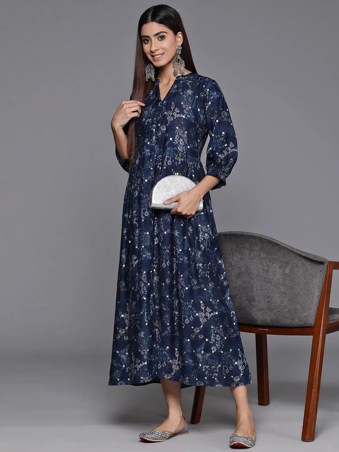 Libas Blue Printed Silk Fit and Flare Dress