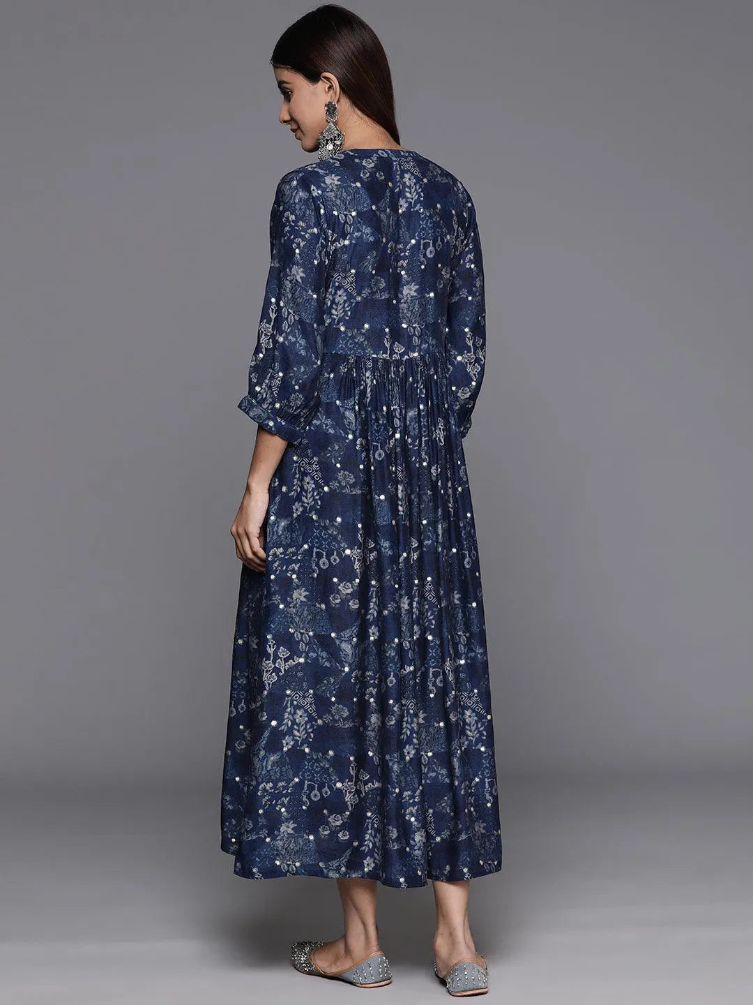 Libas Blue Printed Silk Fit and Flare Dress