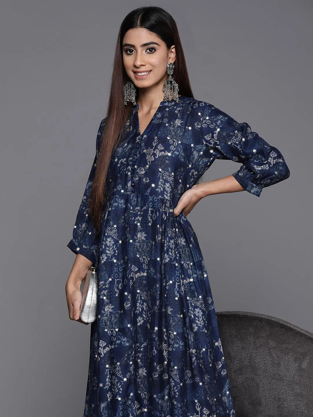 Gerua Blue Printed Silk Fit and Flare Dress
