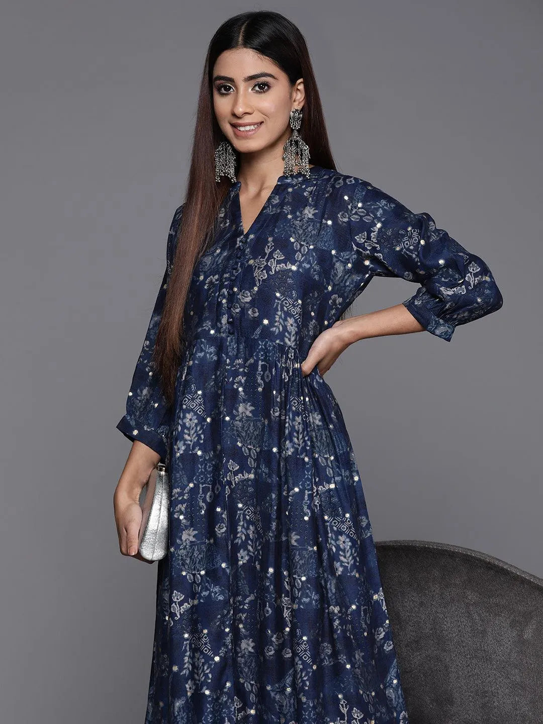 Gerua Blue Printed Silk Fit and Flare Dress