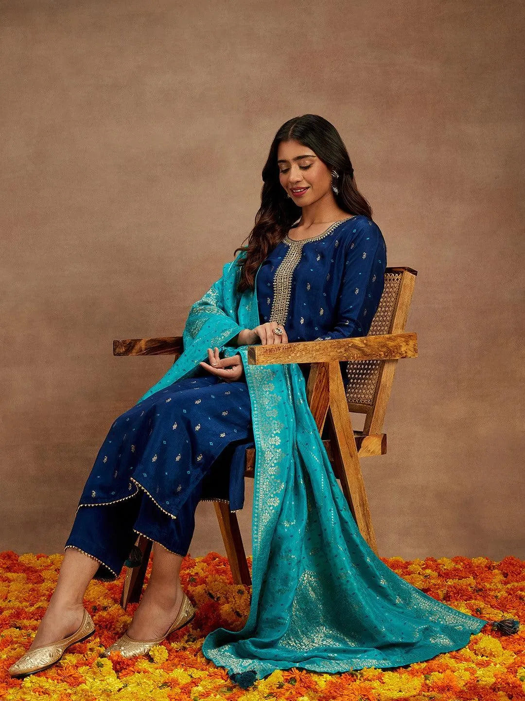 Libas Blue Printed Silk Straight Suit With Dupatta