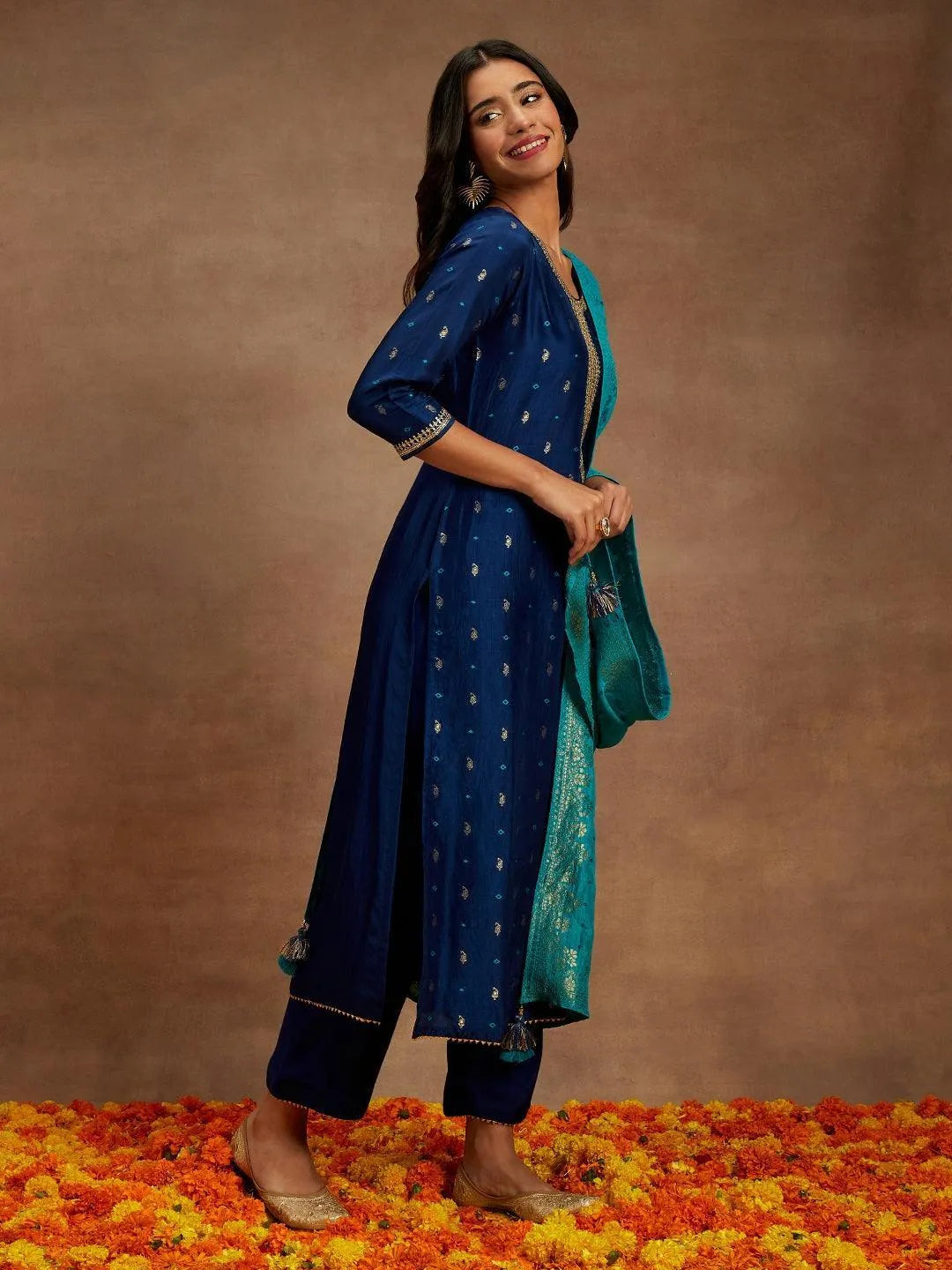 Libas Blue Printed Silk Straight Suit With Dupatta