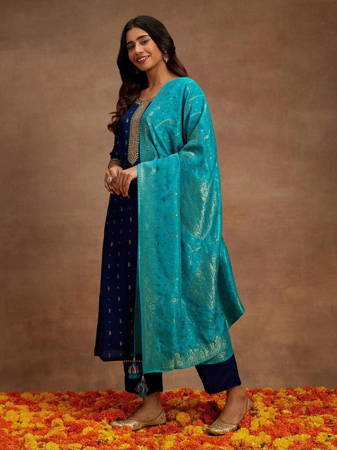 Libas Blue Printed Silk Straight Suit With Dupatta