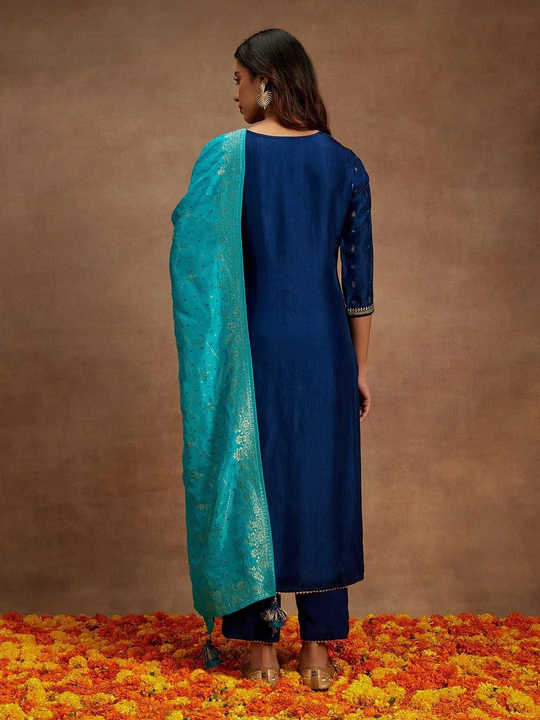Libas Blue Printed Silk Straight Suit With Dupatta