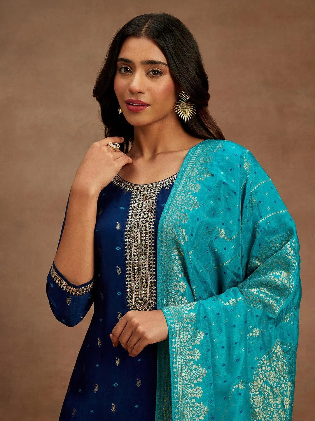 Libas Blue Printed Silk Straight Suit With Dupatta