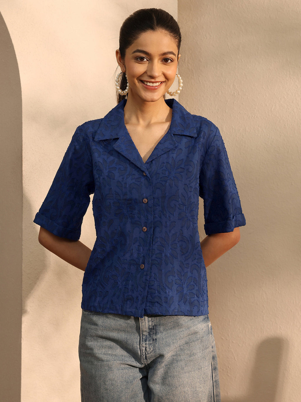 Libas Blue Self Design Cotton Straight Shirt