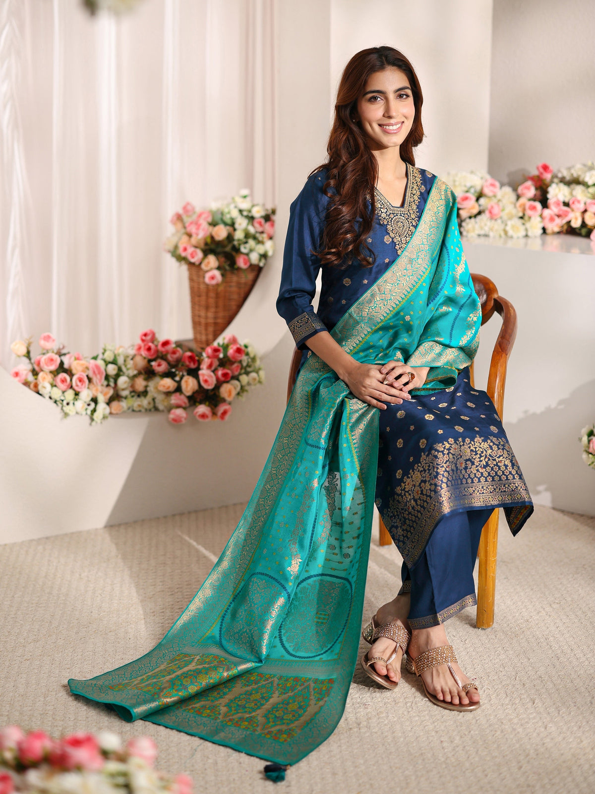 Libas Blue Woven Design Silk Blend Straight Suit Set With Dupatta