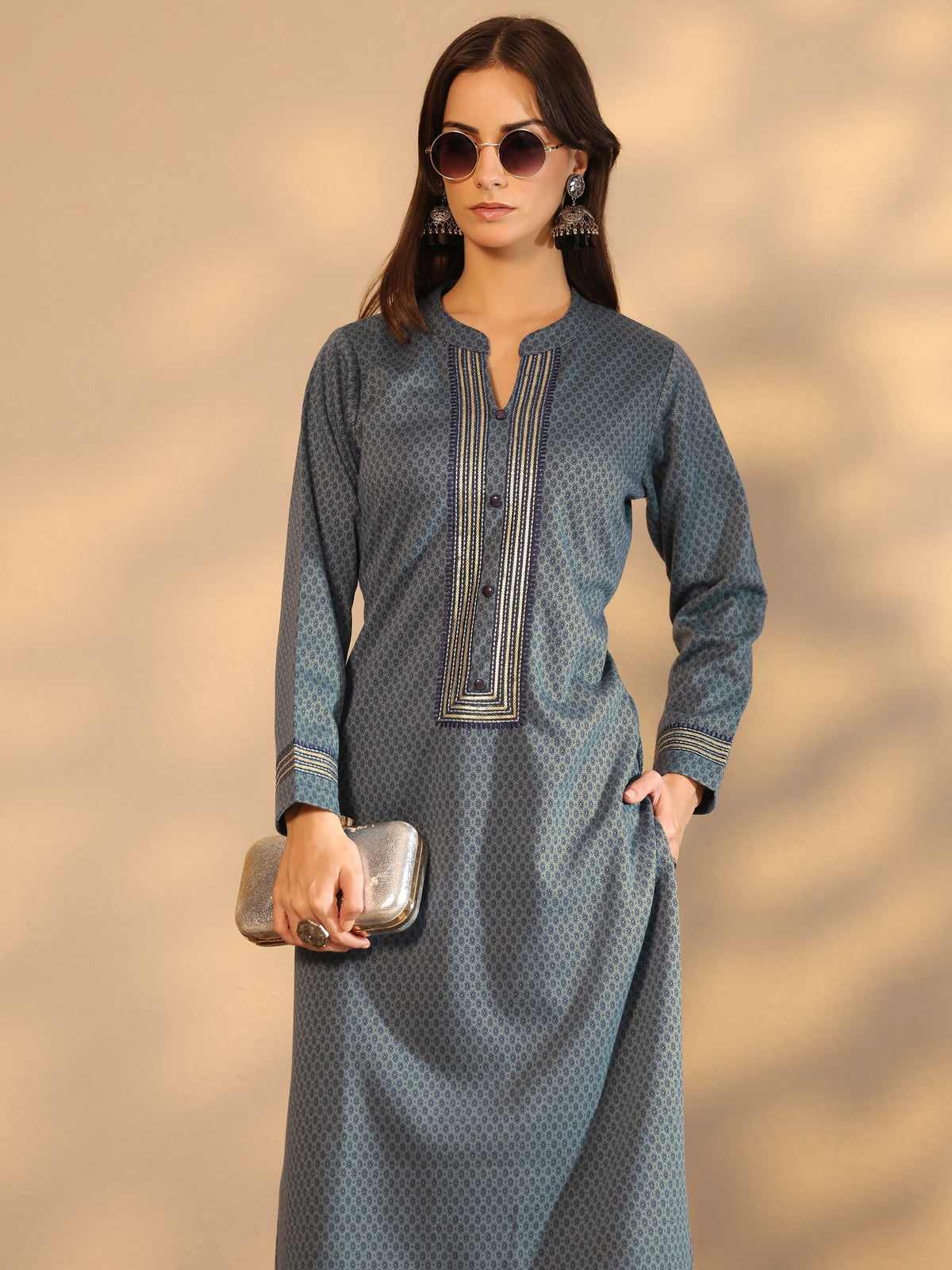 Libas Blue Woven Design Wool Straight Kurta