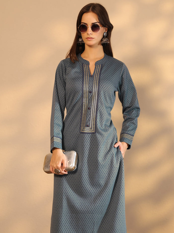 Libas Blue Woven Design Wool Straight Kurta