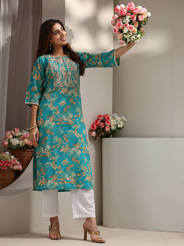 Libas Blue Yoke Design Floral Printed Silk Blend Straight Kurta