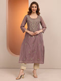 Libas Brown Embroidered Chanderi Silk Straight Kurta