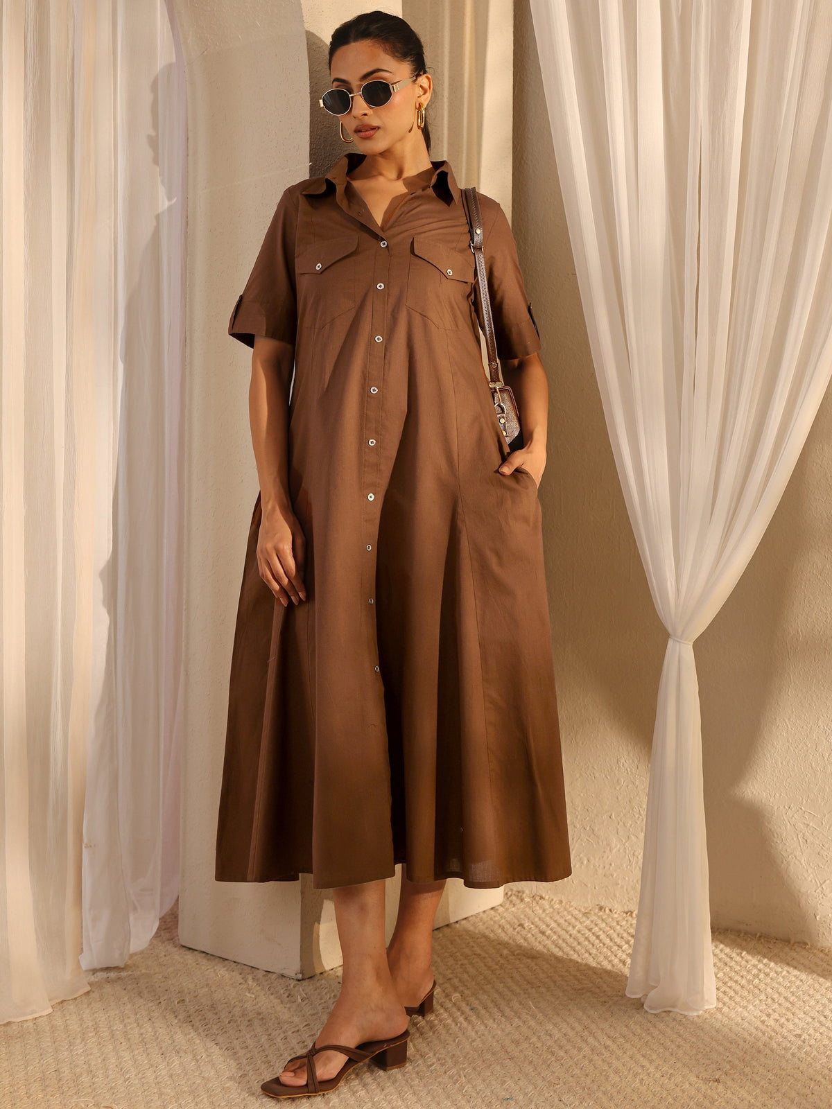 Libas Brown Shirt Style Cotton A-Line One Piece Dress