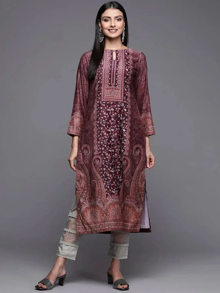 Libas Burgundy Printed Velvet Straight Kurta