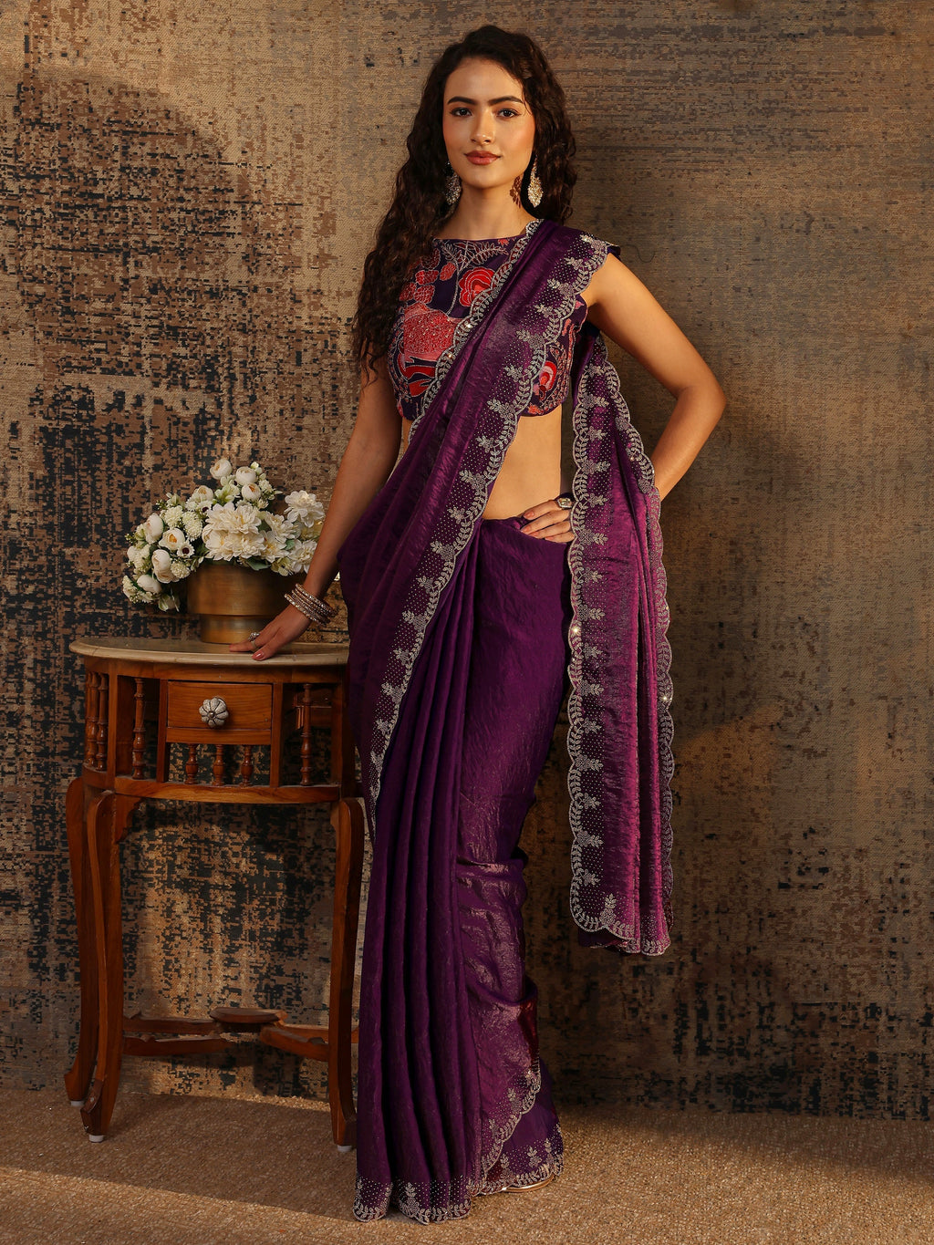 Libas Burgundy Solid Satin Saree With Unstitched Blouse Piece