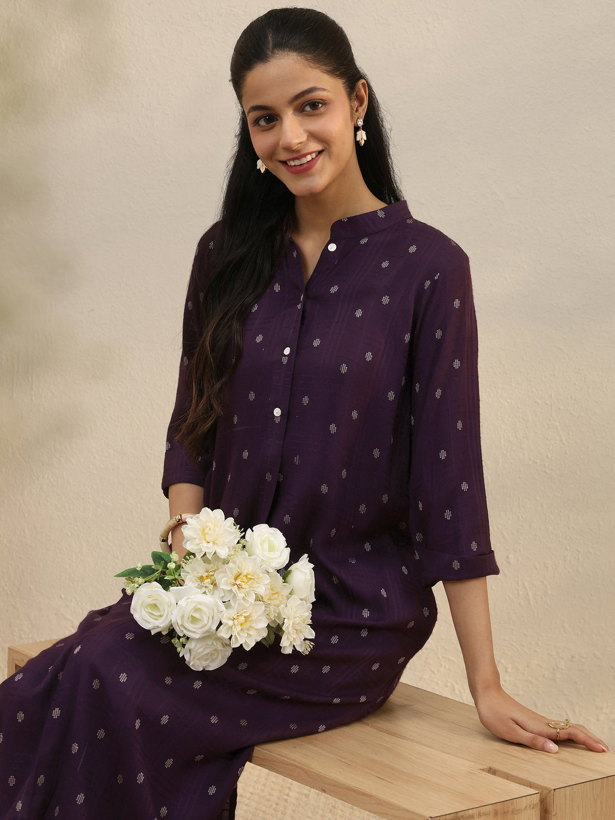 Libas Burgundy Woven Design Rayon Straight Kurta