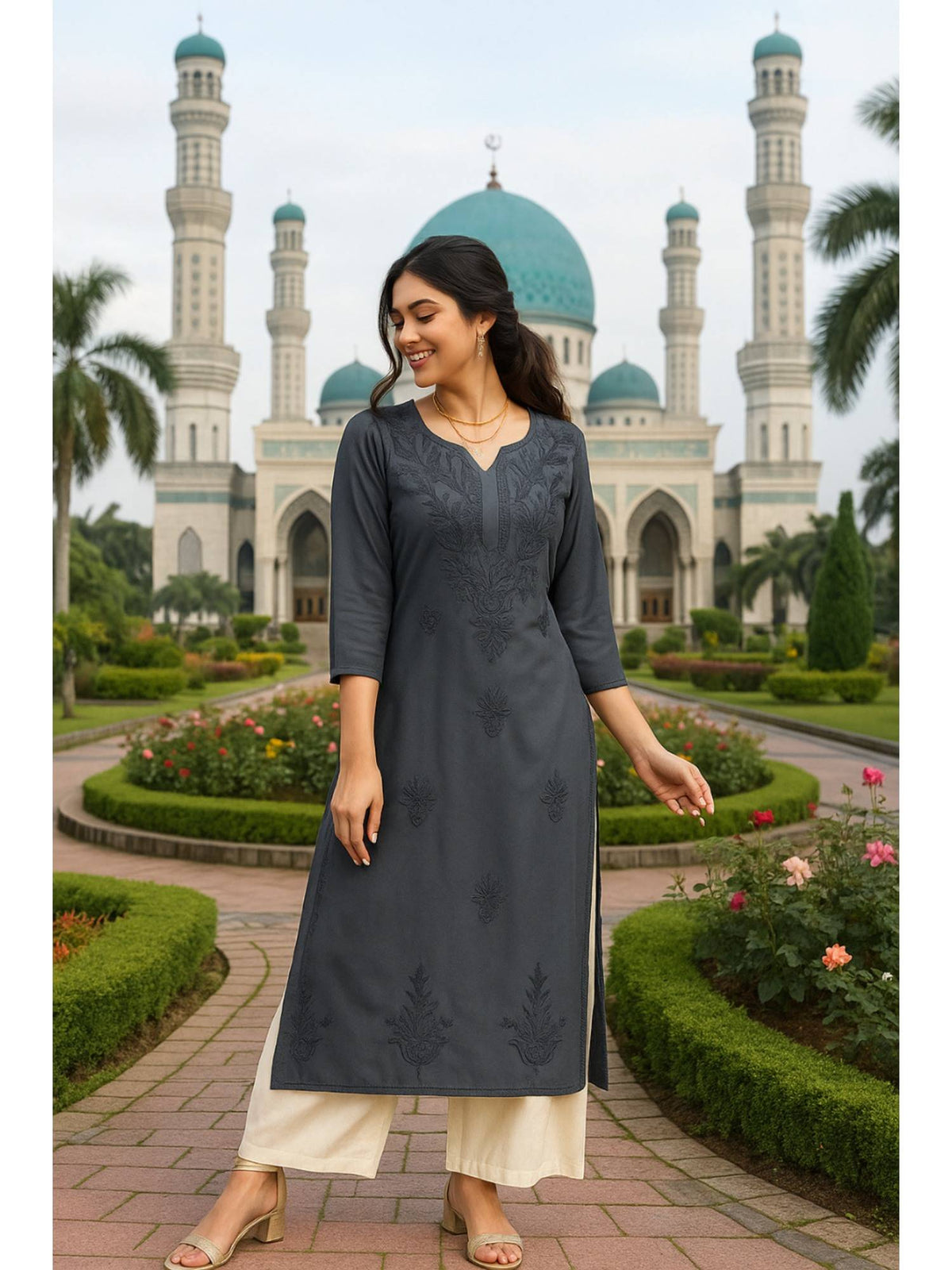 Women's Classic Embroidered Daily Wear Green Kurta | U3S - view 10