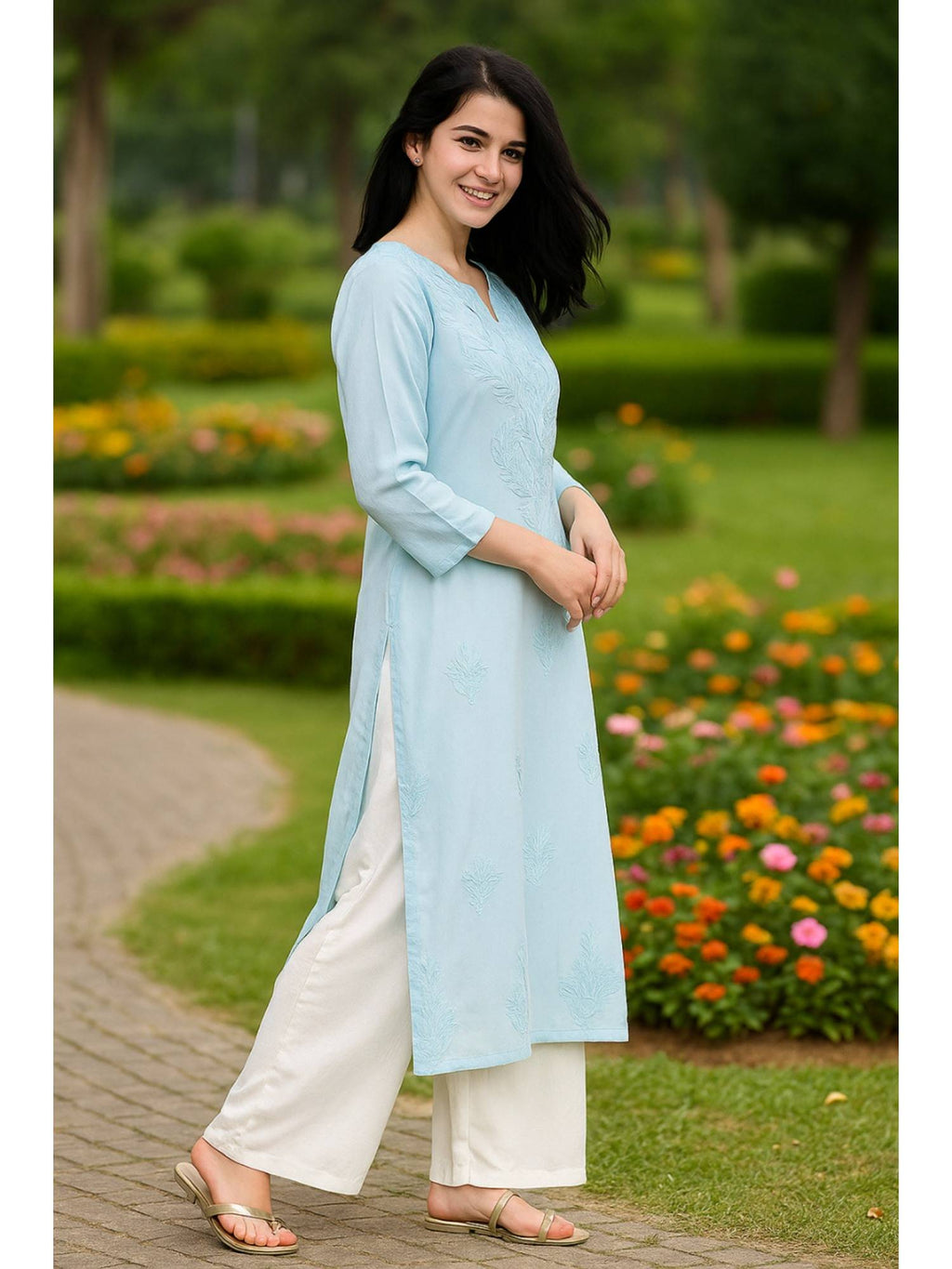 Women's Classic Embroidered Daily Wear Teal Kurta | FY93 - view 25