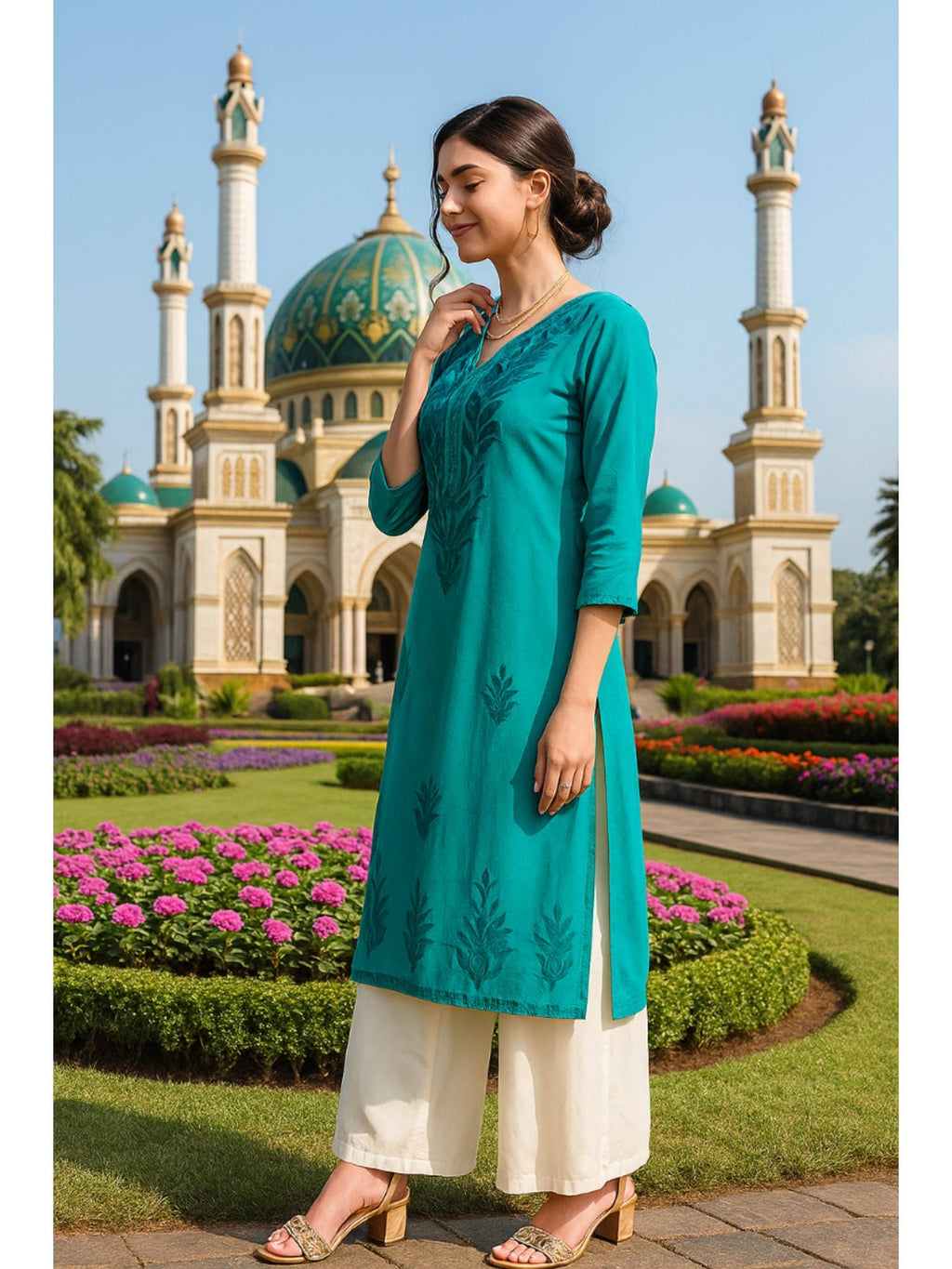 Women's Classic Embroidered Daily Wear Green Kurta | FY93 - view 22