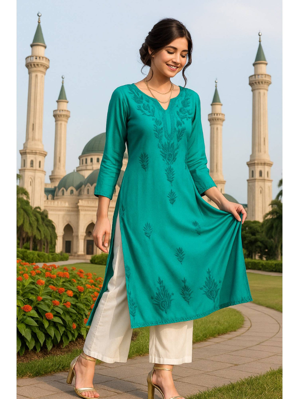 Women's Classic Embroidered Daily Wear Teal Kurta | KDG - view 3
