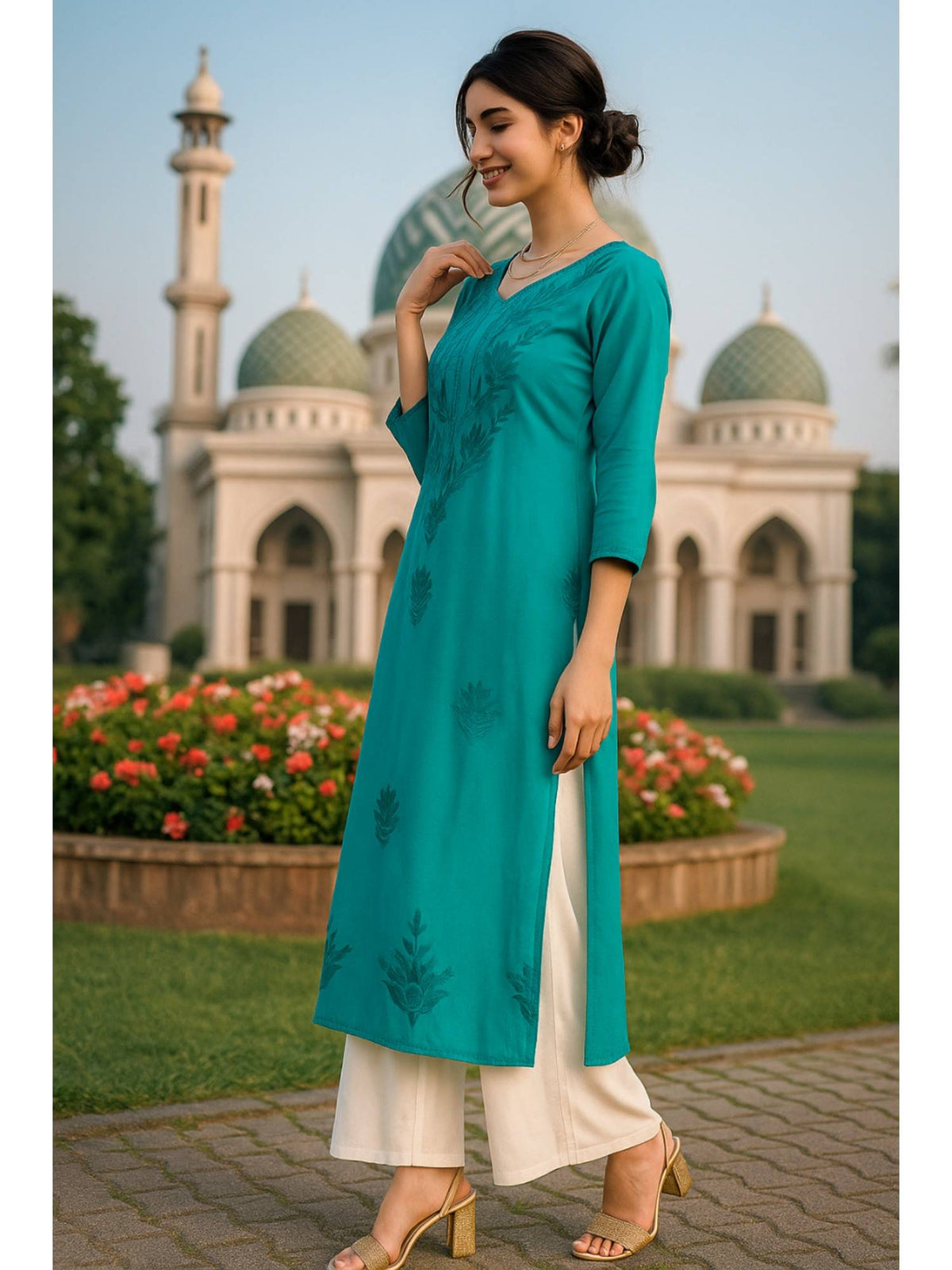 Women's Classic Embroidered Daily Wear Teal Kurta | FY93 - view 4