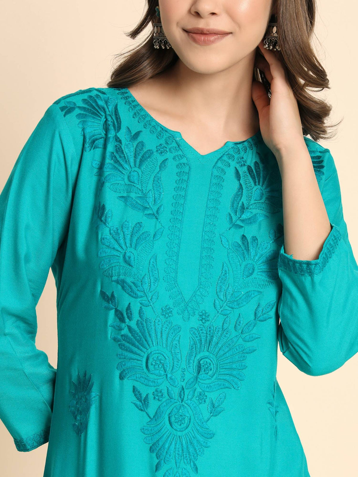 Women's Classic Embroidered Daily Wear Teal Kurta | FY93 - view 5