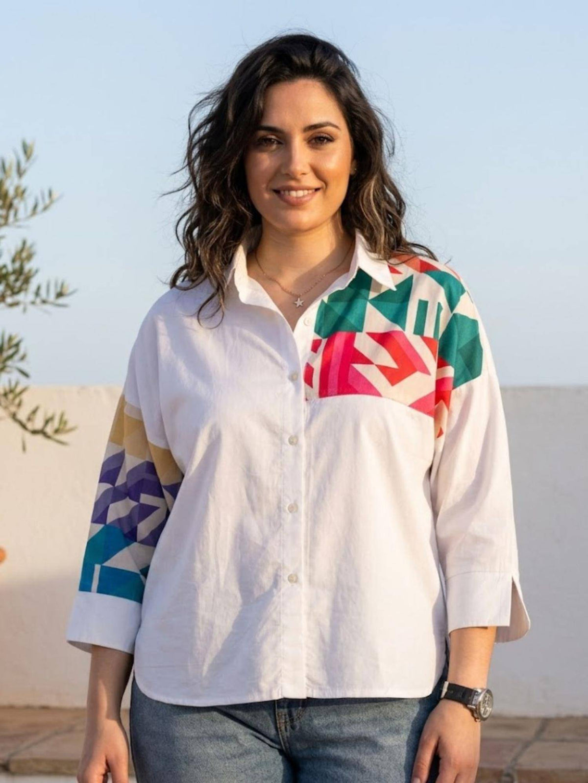 Printed Applique Cotton Shirt White | S67 - view 1