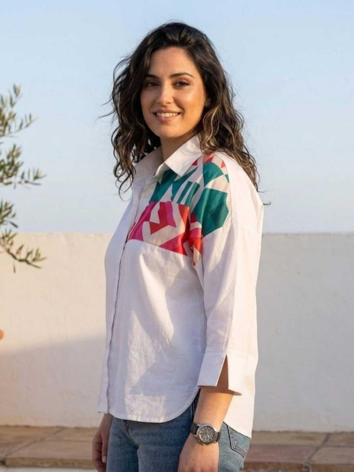 Printed Applique Cotton Shirt White | S67 - view 3