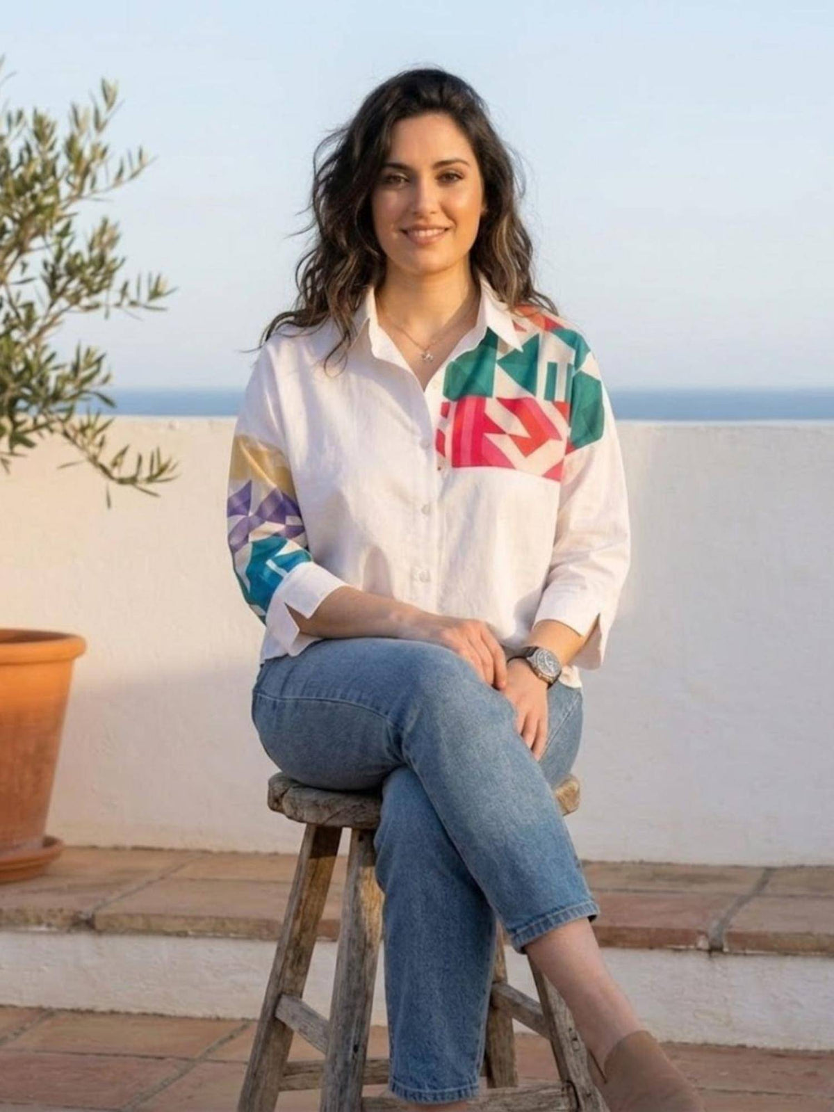 Printed Applique Cotton Shirt White | S67 - view 4