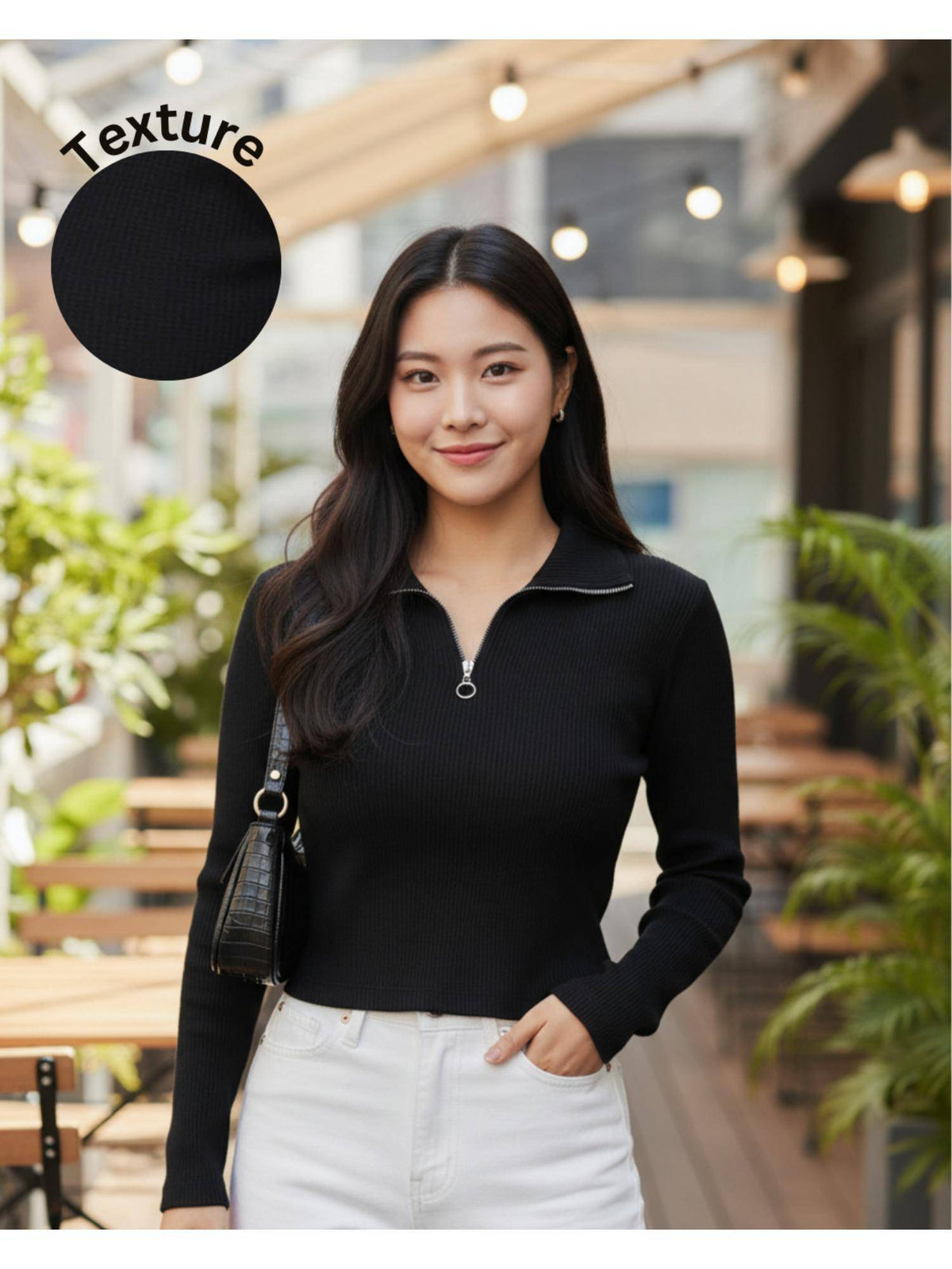 Women Black Zipper Mock Neck Crop Top | CT61 - view 1
