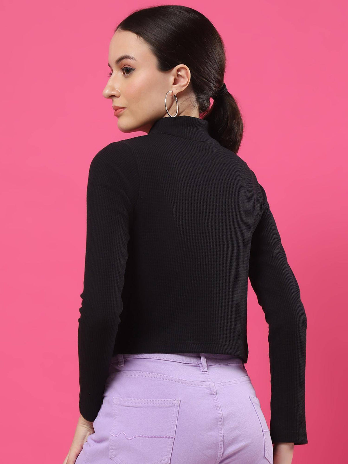 Women Black Zipper Mock Neck Crop Top | CT61 - view 2