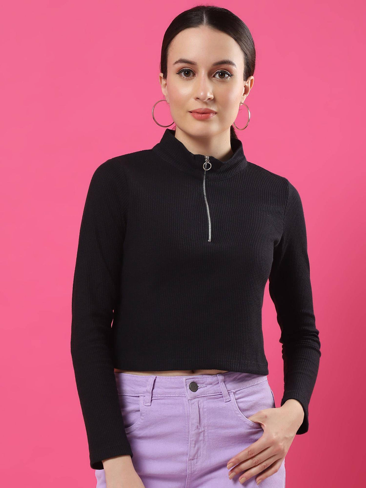 Women Black Zipper Mock Neck Crop Top | CT61 - view 3