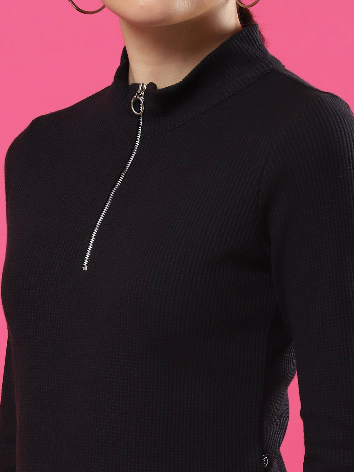 Women Black Zipper Mock Neck Crop Top | CT61 - view 4
