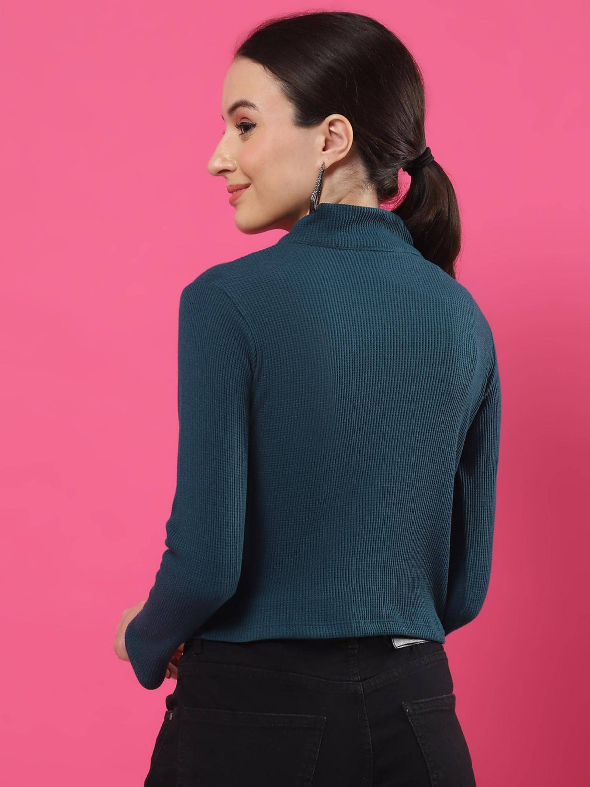 Women Teal Green Zipper Mock Neck Crop Top | CT61 - view 2