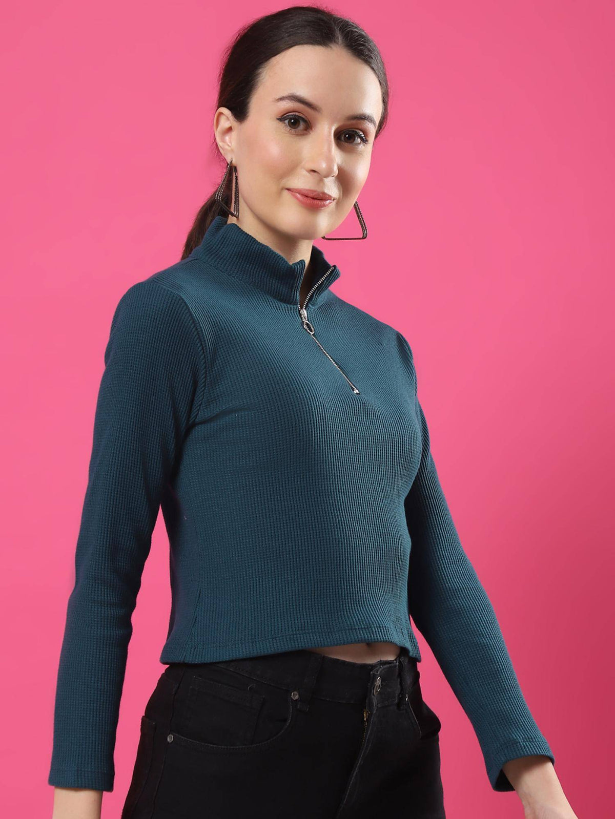 Women Teal Green Zipper Mock Neck Crop Top | CT61 - view 3