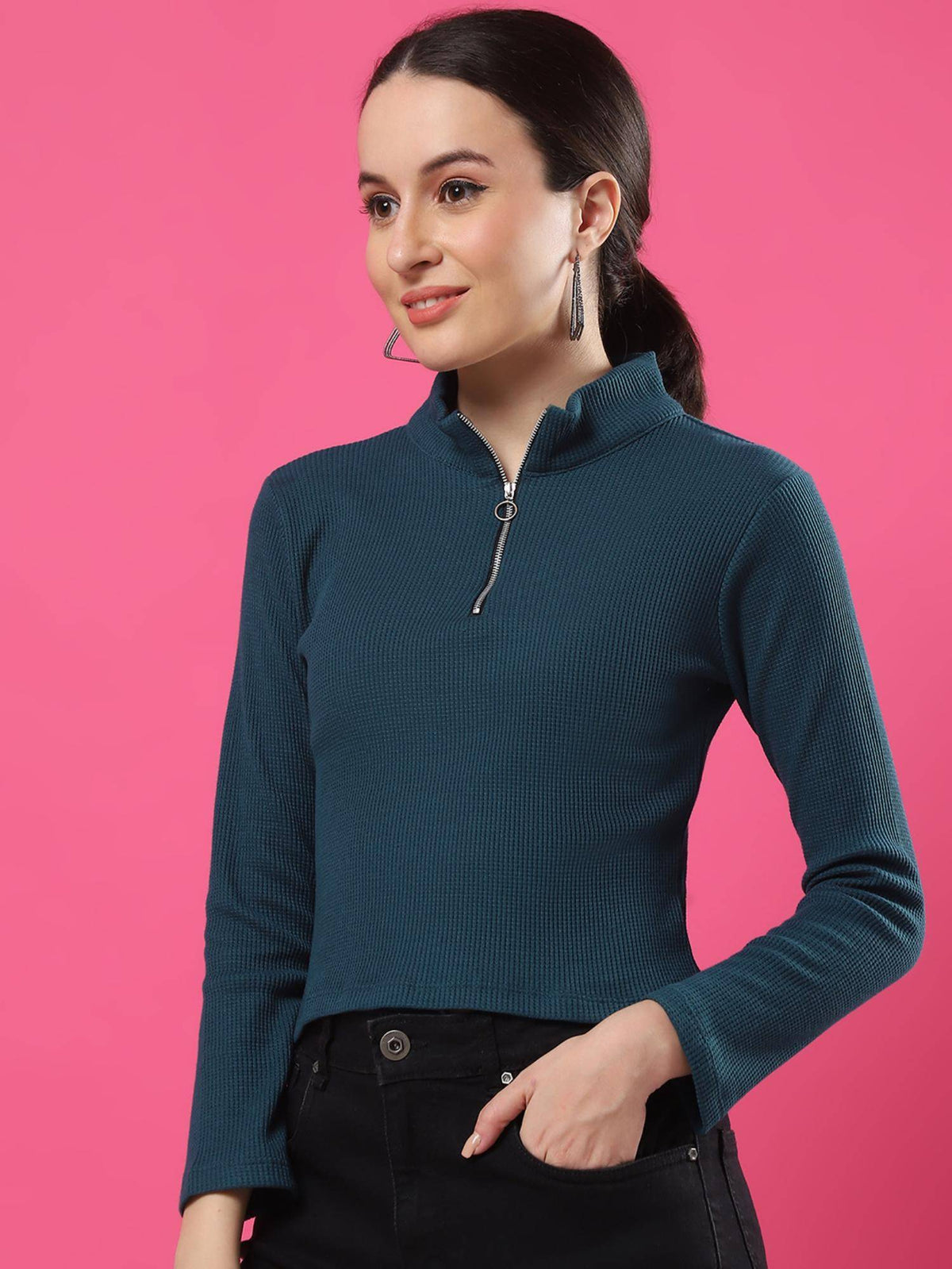 Women Teal Green Zipper Mock Neck Crop Top | CT61 - view 4