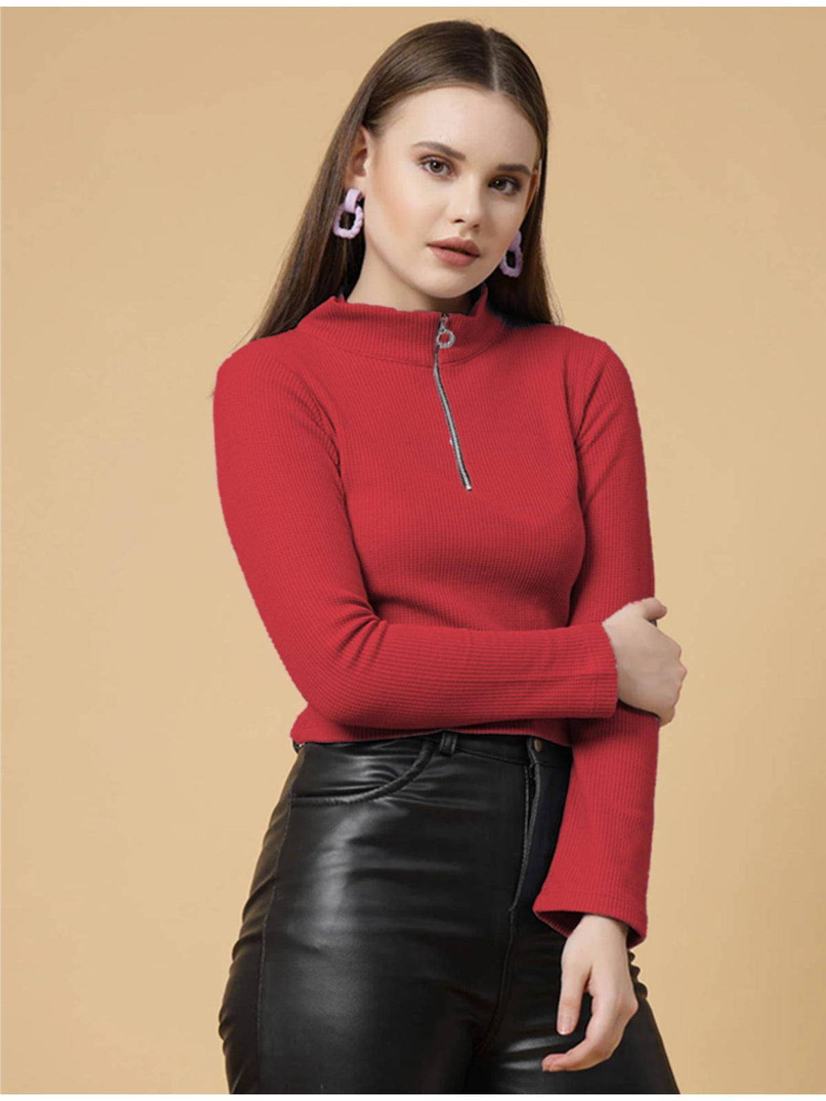 Women Maroon Zipper Mock Neck Crop Top | CT61 - view 3