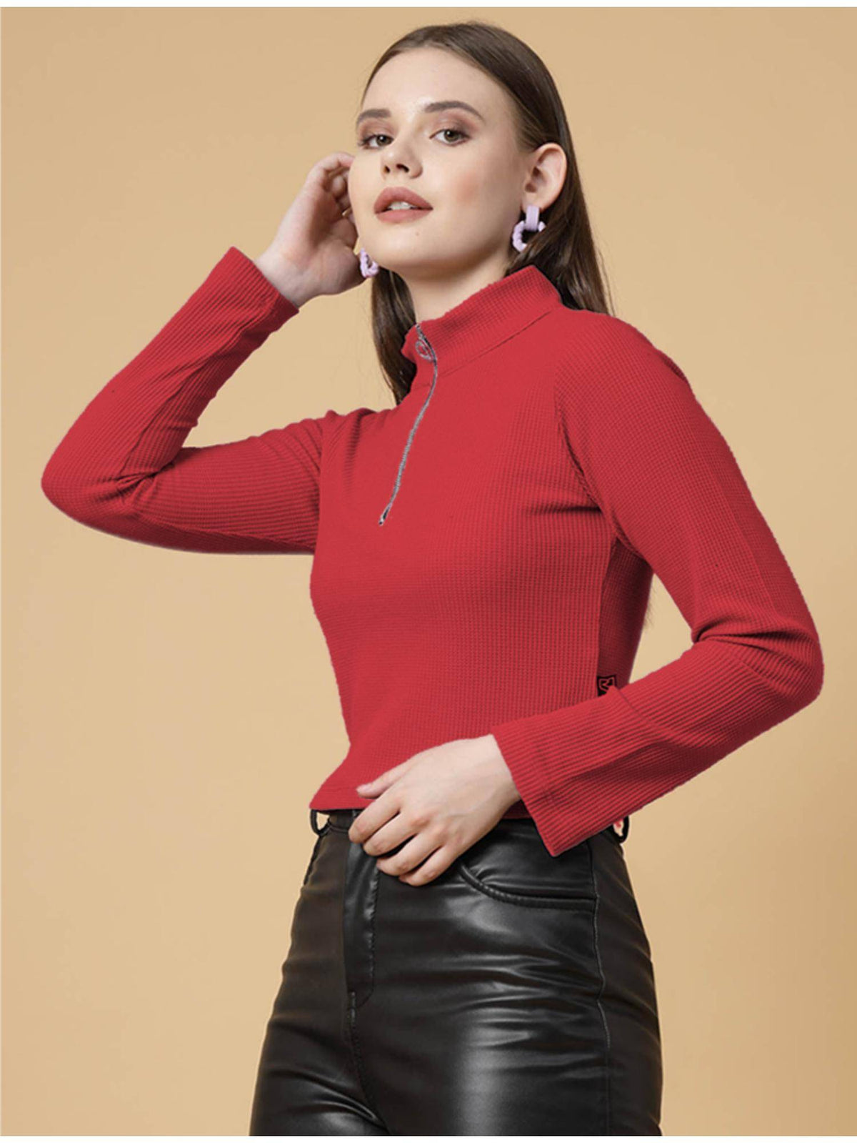 Women Maroon Zipper Mock Neck Crop Top | CT61 - view 4